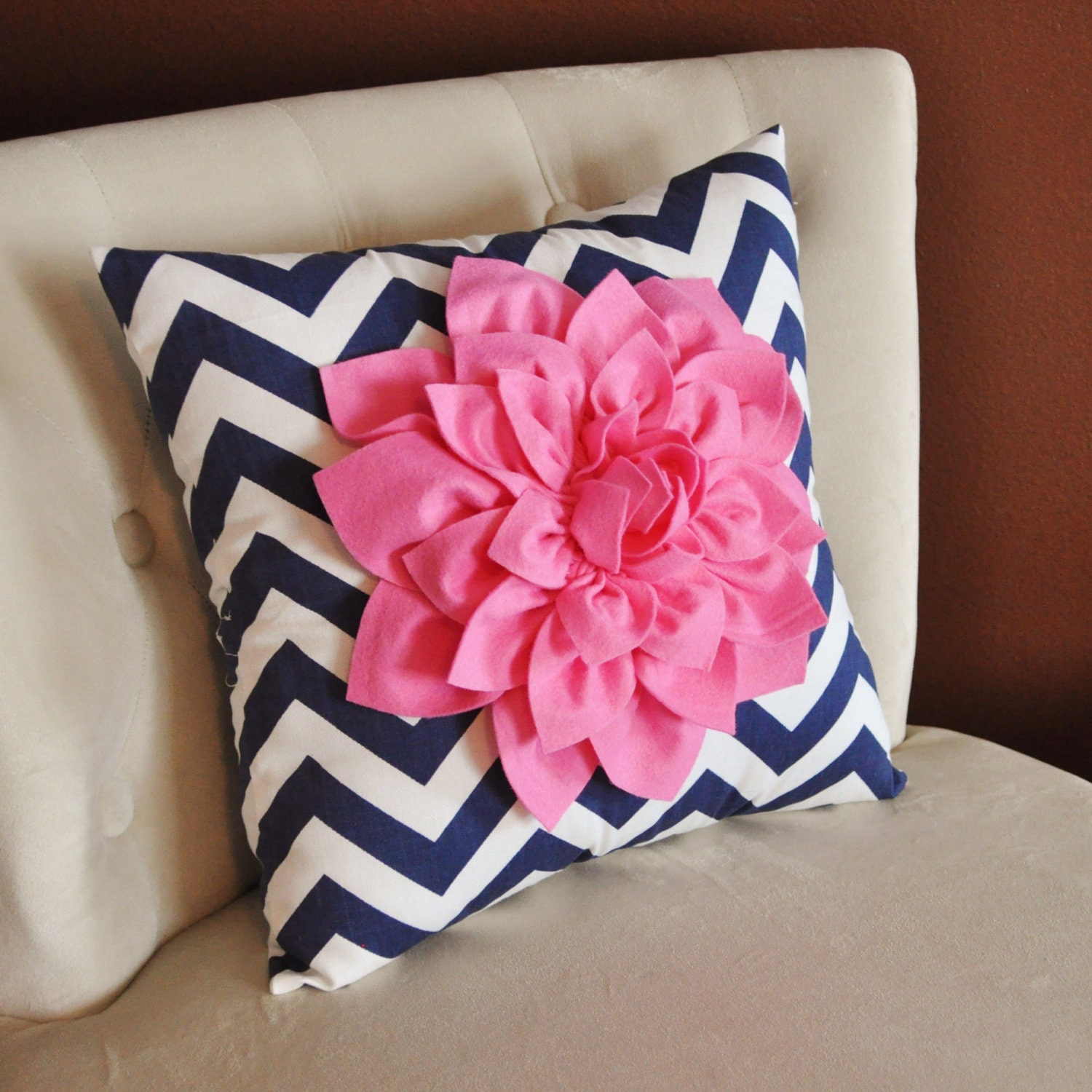 Pink Dahlia on Navy and White Zigzag Pillow -Chevron Pillow-