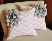 TWO Decorative Pillows Gray Corner Dahlia on Light Pink and White Zigzag Pillows