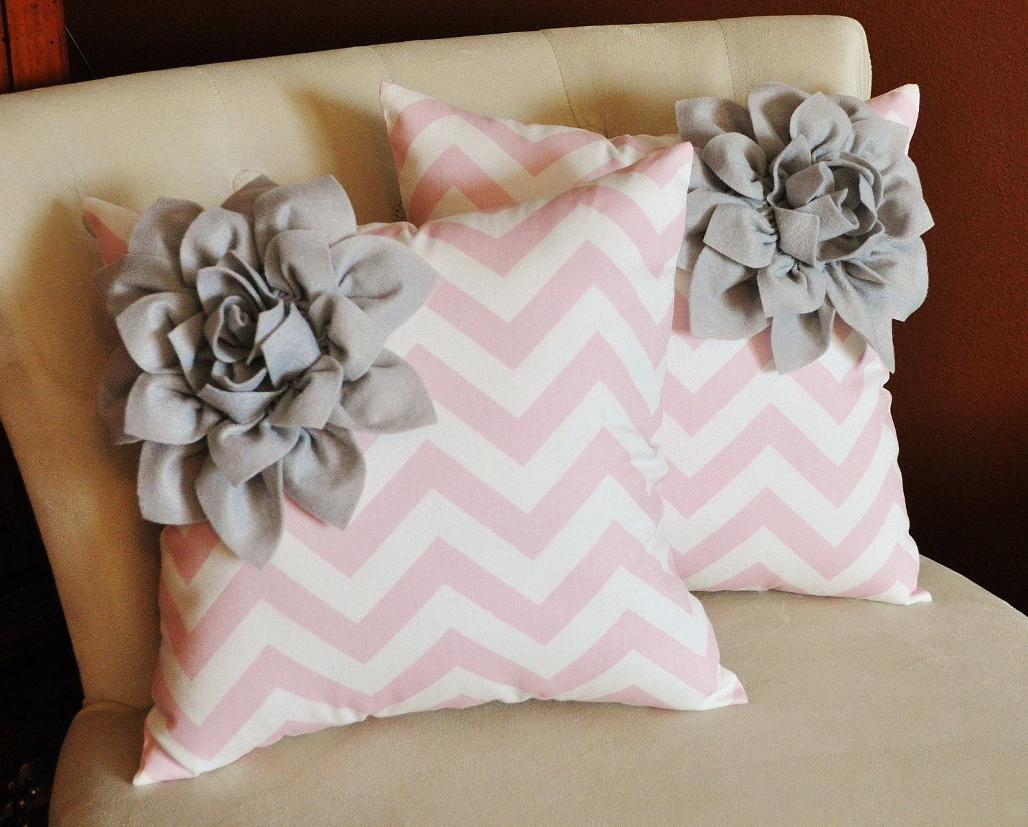 TWO Decorative Pillows Gray Corner Dahlia on Light Pink and White Zigzag Pillows