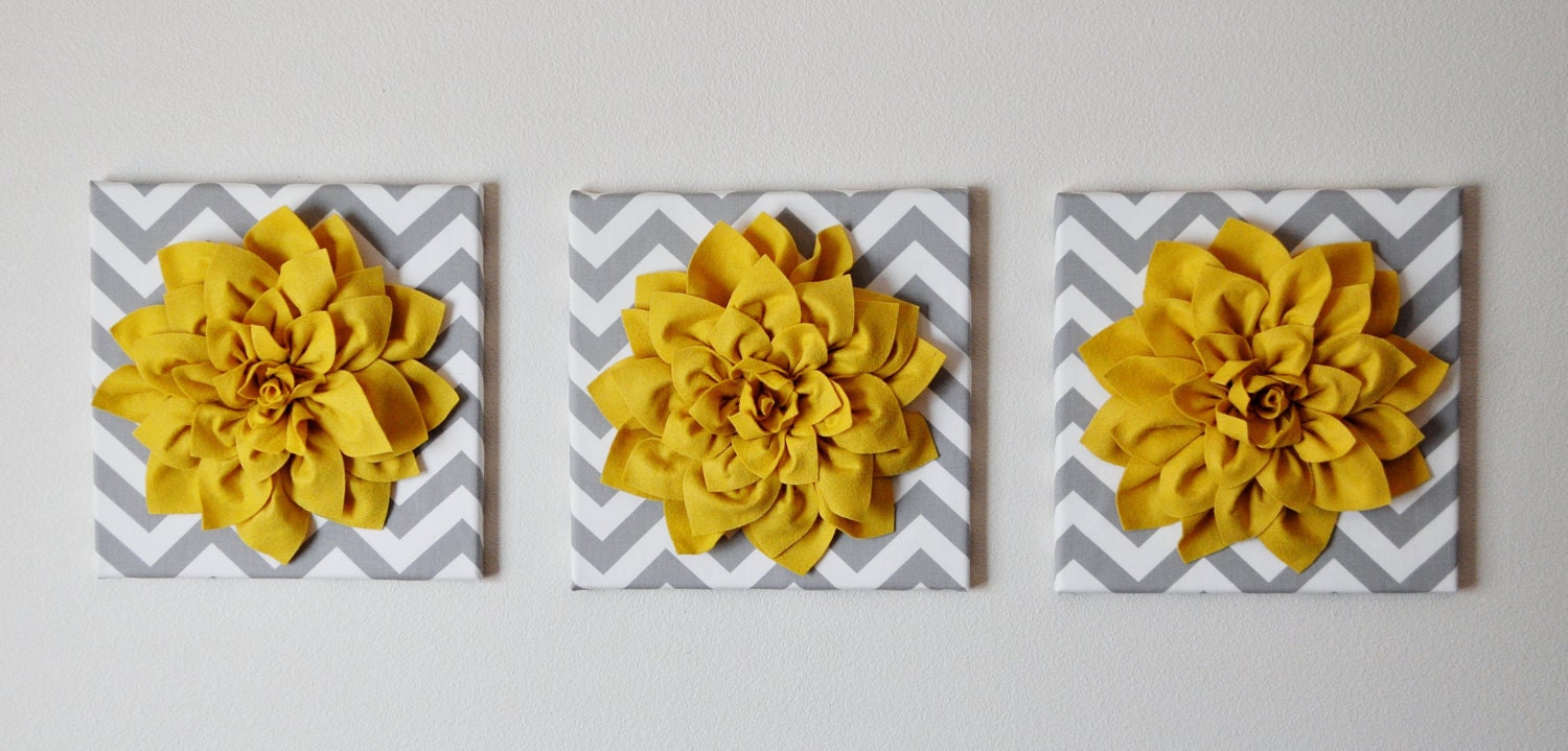 THREE - Wall Flower -Mellow Yellow Dahlia on Gray and White Chevron 12 x12" Canvas Wall Art- 3D Felt Flower