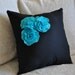 Two Decorative Pillows  - Turquoise Felt Rose Trio on Black Pillows 14"x14"