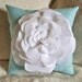 Blue Decorative Pillow Aqua Pillow with White Rose 14x14