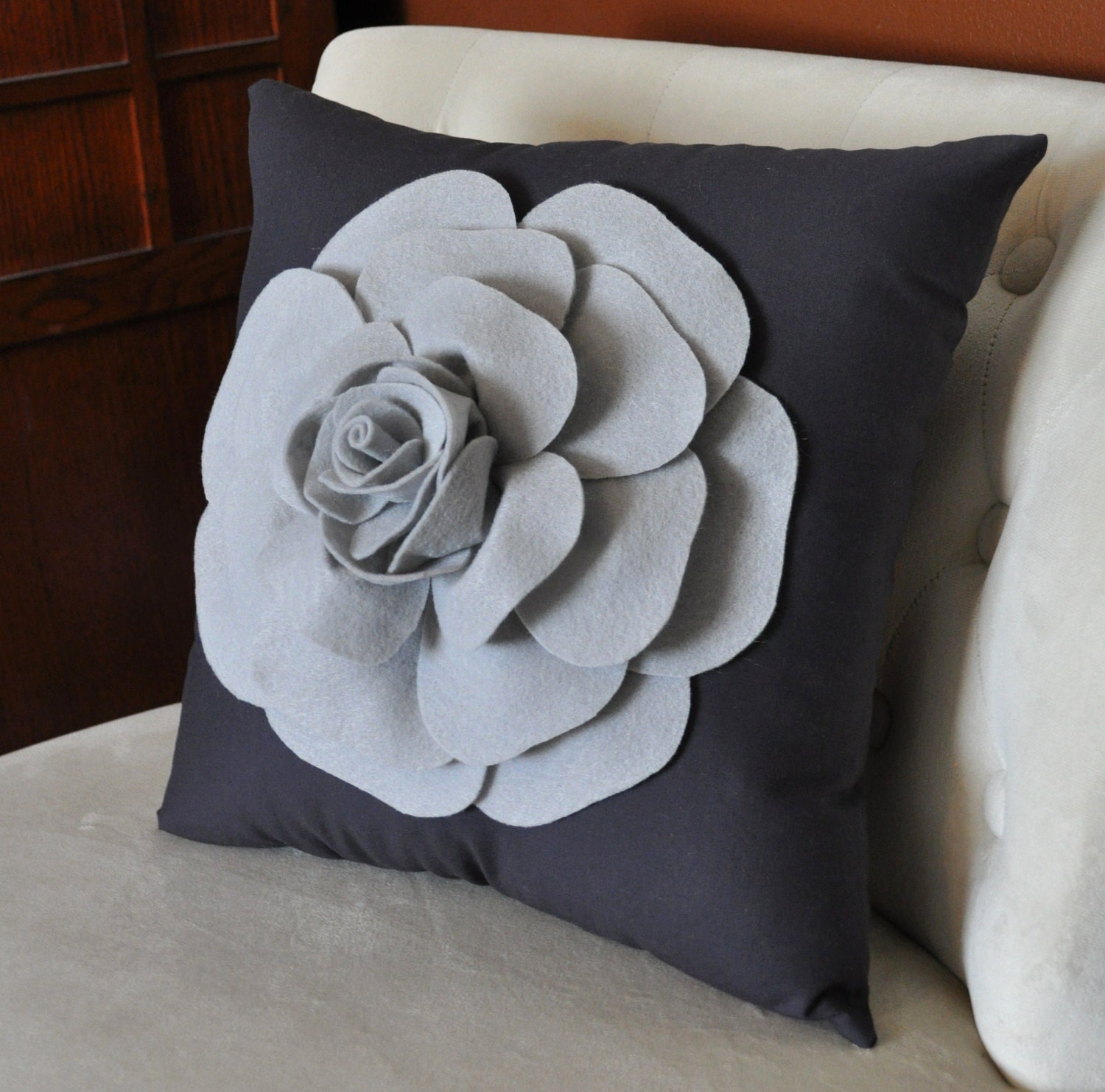 Grey Rose on Charcoal Grey Pillow