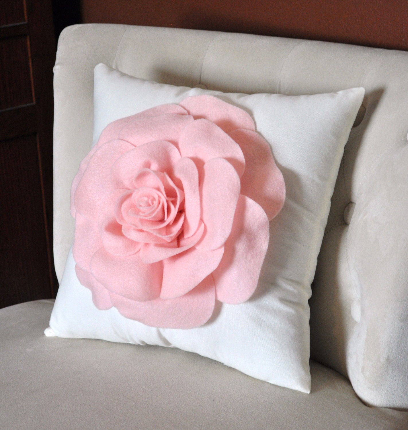 Rose Applique Pillow Light Pink on Cream Pillow 16x16 Perfect for Any Occasion