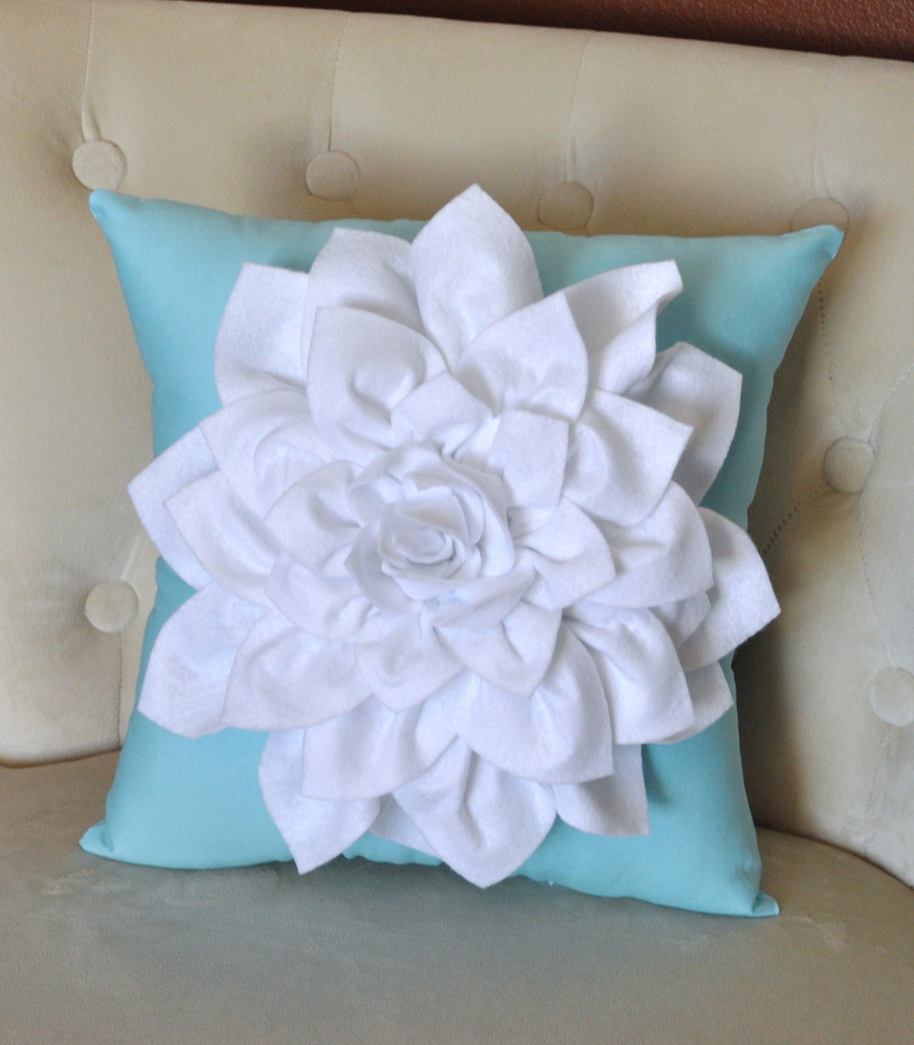 White Dahlia Felt Flower on Blue Pillow NEW BEDBUGGS DESIGN