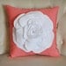 White Rose on Coral Pillow -Coral Pink- Red Orange Salmon Linen- Flower Pillow-
