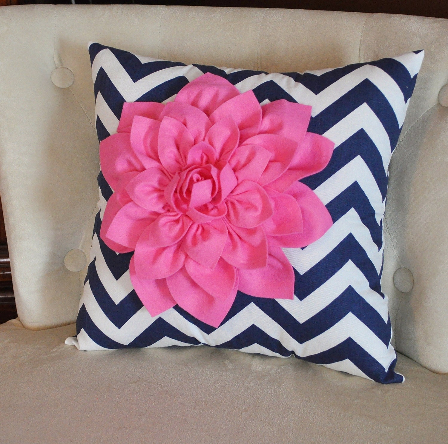 Pink Dahlia on Navy and White Zigzag Pillow -Chevron Pillow-