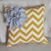 Gray Corner Dahlia on Mustard and White Zigzag Pillow 14 X 14 -Chevron Flower Pillow- Zig Zag Pillows