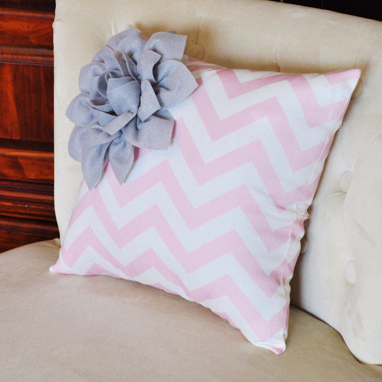 Gray Corner Dahlia on Light Pink and White Zigzag Pillow -Chevron Pillow-