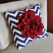 Ruby Red Dahlia on Navy Blue and White Zigzag Pillow -Chevron Pillow- Patriotic Decor- Red White and Blue