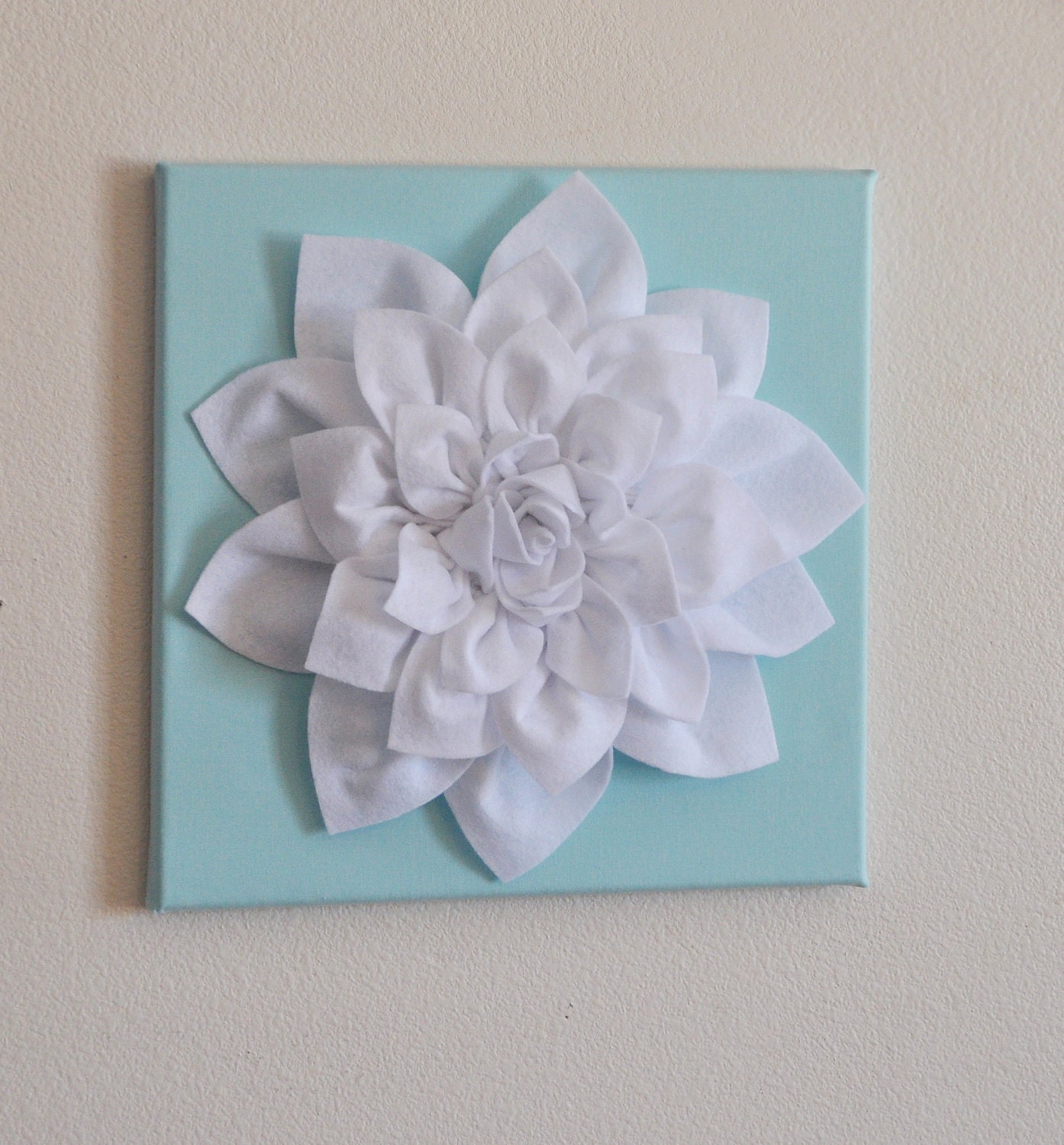 Wall Flower -White Dahlia on Aqua 12 x12" Canvas Wall Art- 3D Felt Flower