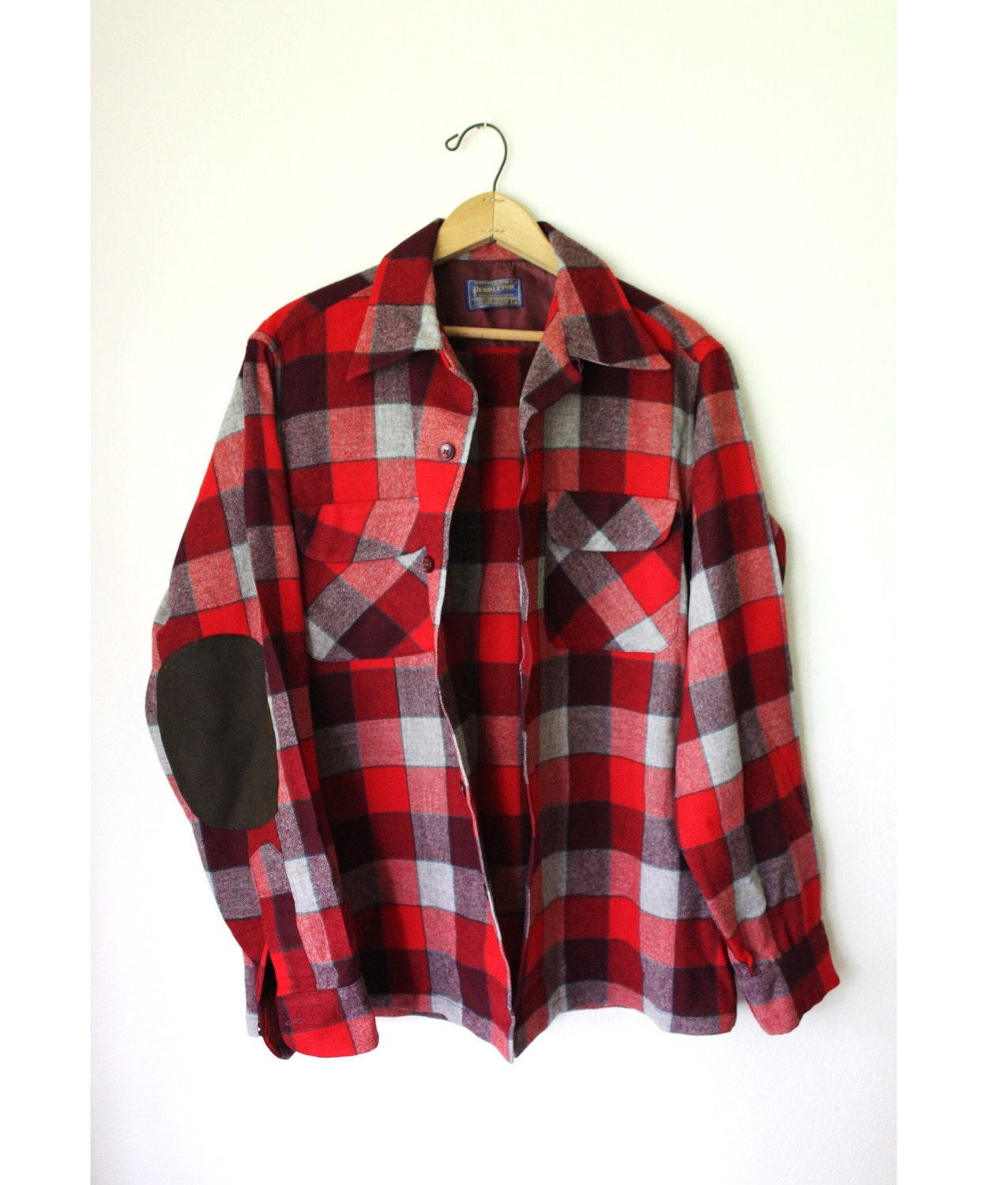 Vtg Pendleton Mens Plaid wool FLANNEL Shirt suede elbow M
