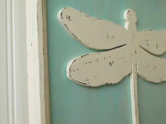 Vintage style shabby chic cottage decor in wood. One of a kind, Framed Dragonfly in Robin's Egg Blue.