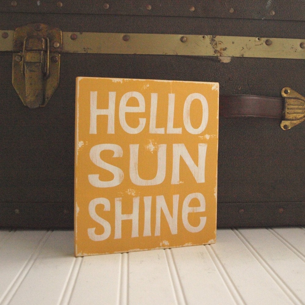 HELLO SUN SHINE Wood Sign Handpainted Vintage Style Mustard Yellow