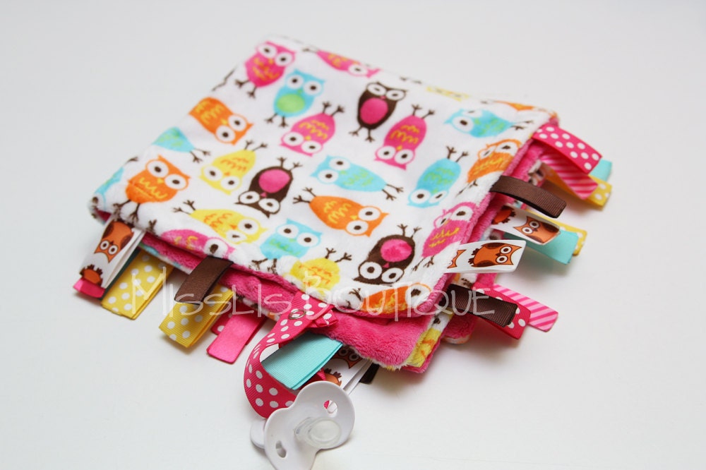Baby Ribbon Tag Blanket - Minky Binky Blankie - Hoot Hoot - Hot Pink