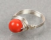 Wire Wrapped Ring- Sterling Silver with Coral Swarovski Pearl - any size- Any Size- Size 4, 5, 6, 7, 8, 9, 10, 11, 12, 13, 14