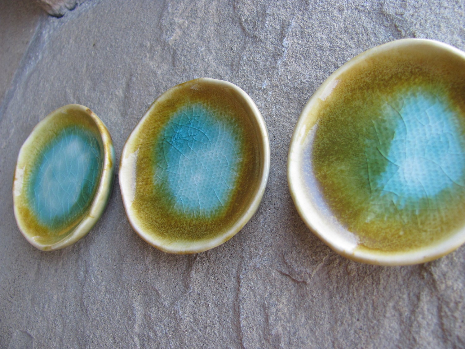 Mini Plate Simple Tiny Ceramic Porcelain Round Dish Glazed in Aqua Blue Green and Brown, Handmade by Licia Lucas Pfadt