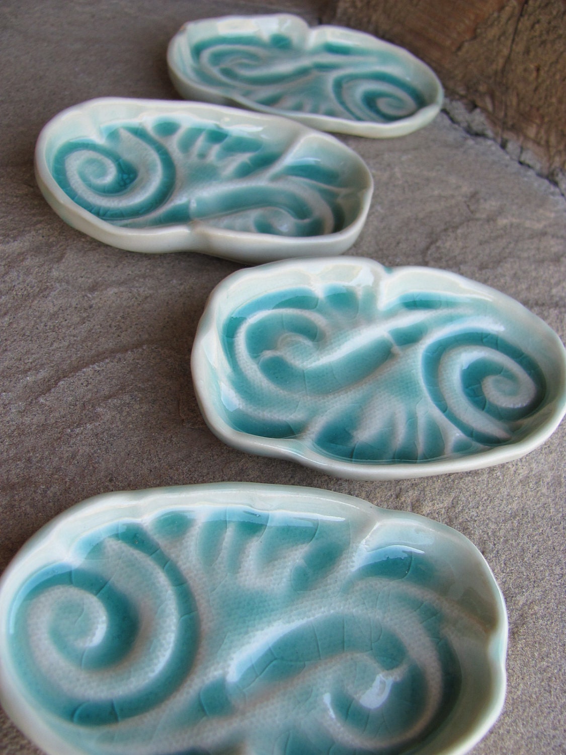 Ceramic Porcelain Trinket Dish with Ocean Waves or Windy Clouds in the Sky Glazed in Aqua Blue Green, Handmade by Licia Lucas Pfadt