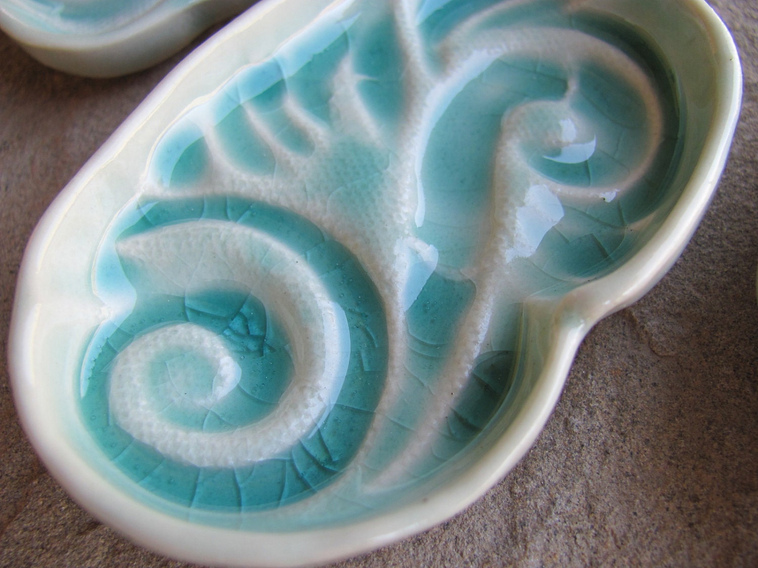 Ceramic Porcelain Trinket Dish with Ocean Waves or Windy Clouds in the Sky Glazed in Aqua Blue Green, Handmade by Licia Lucas Pfadt