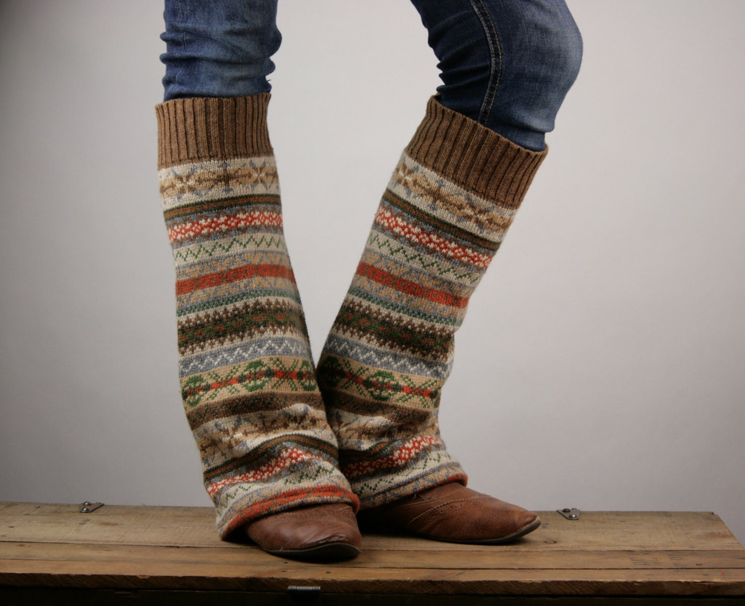 Upcycled Recycled Repurposed Sweater Leg Warmers Fair Isle Knit Brown Orange Camel