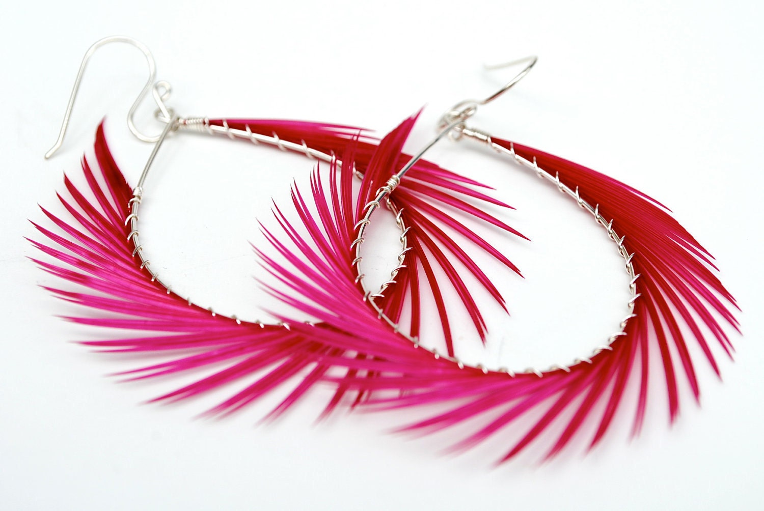 Feather Earrings, Hot Pink feather hoops, Pink Flambe - HouseofStonez
