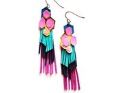 Geometric Leather Earrings Color Block Hexagon and Fringe - Statement Earrings