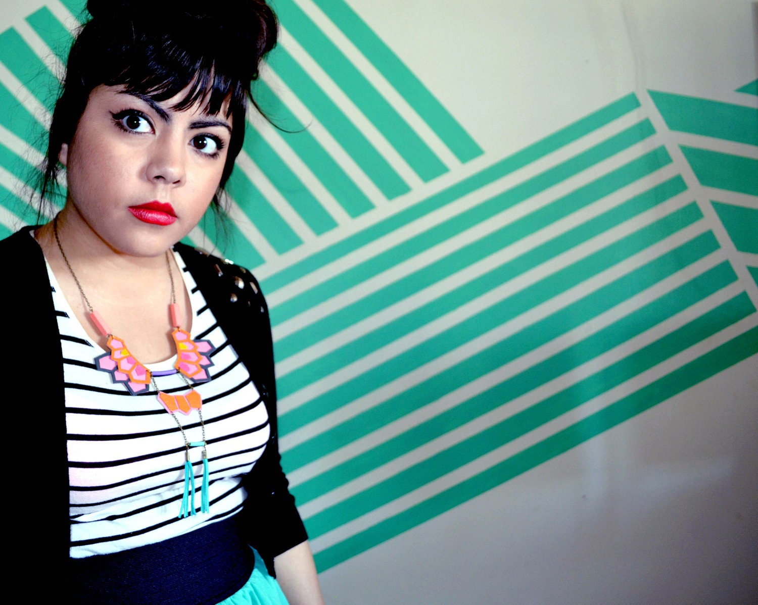 Geometric Necklace Leather Hexagon and Teal Fringe