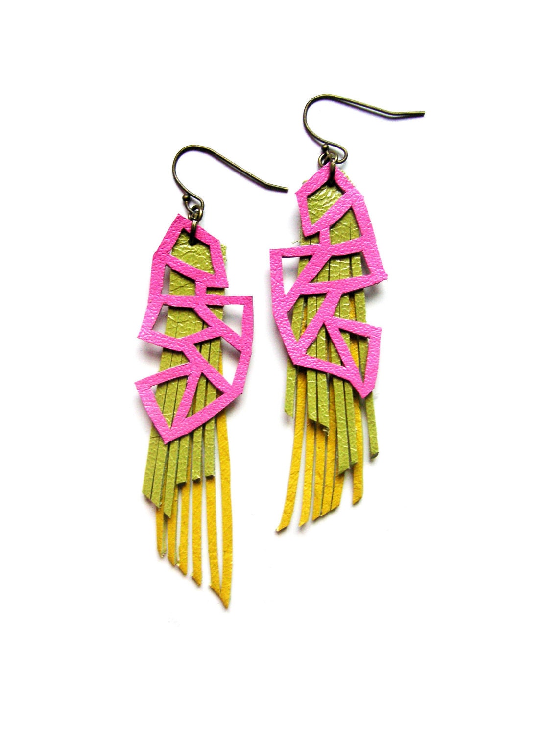 Neon Earrings Geometric Triangles and Fringe Leather Earrings