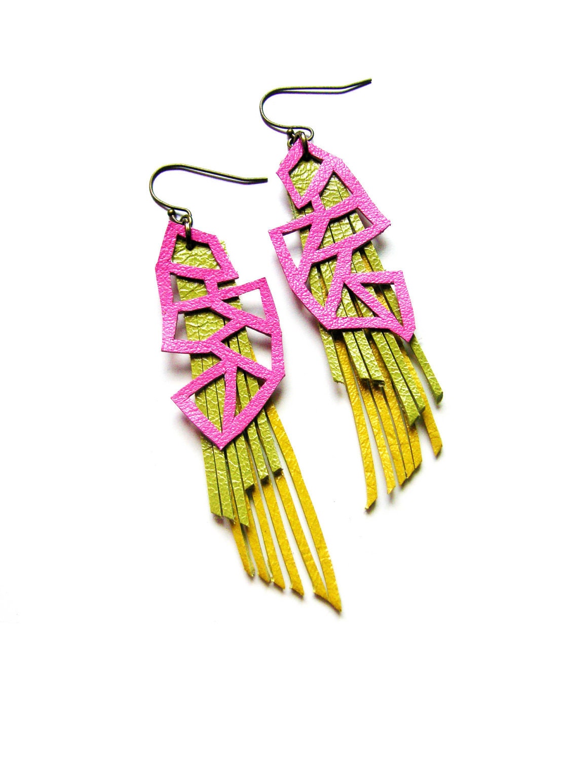 Neon Earrings Geometric Triangles and Fringe Leather Earrings