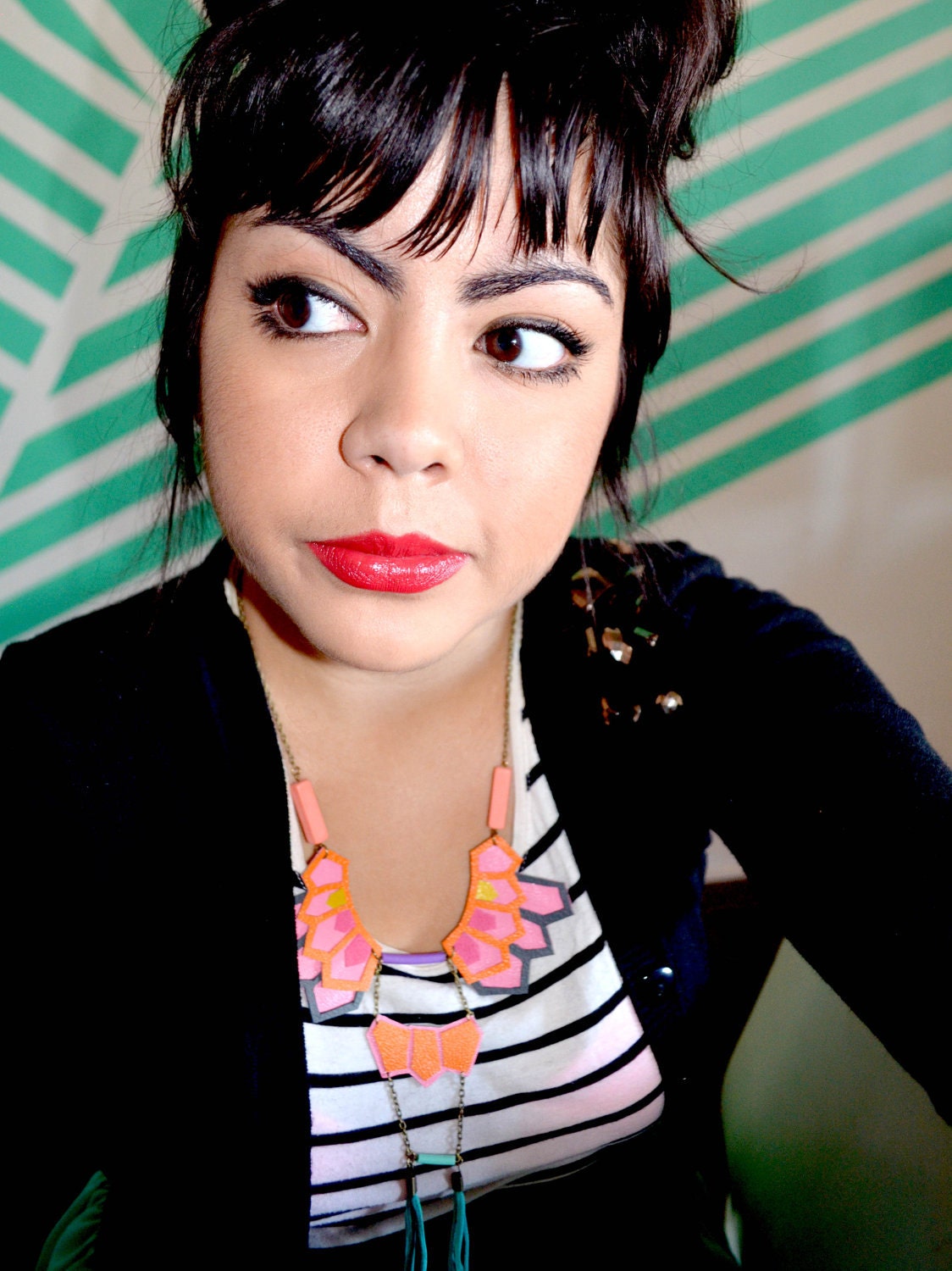 Geometric Necklace Leather Hexagon and Teal Fringe