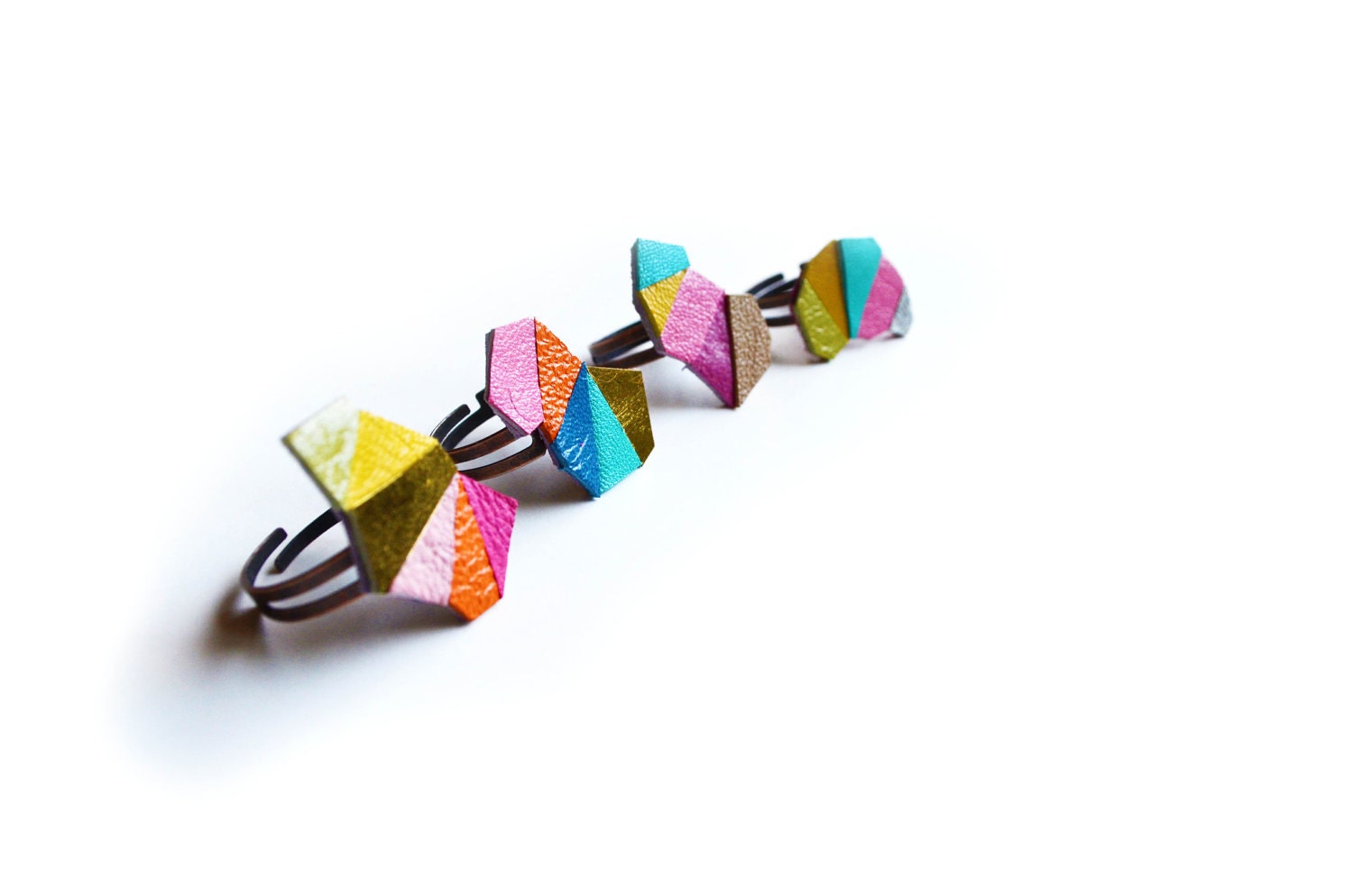Neon Adjustable Ring Geometric Leather Triangle Kaleidoscope