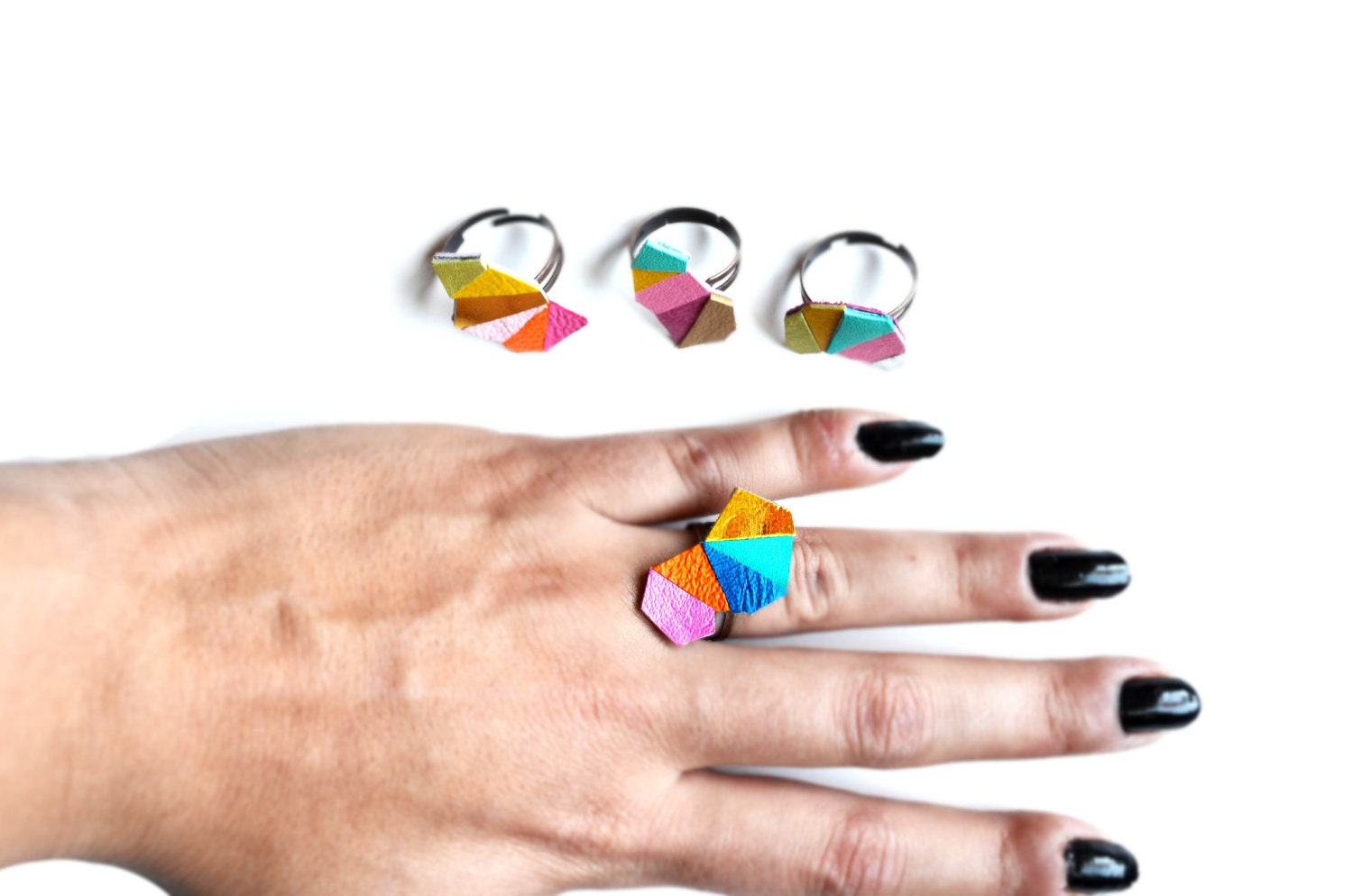 Neon Adjustable Ring Geometric Leather Triangle Kaleidoscope