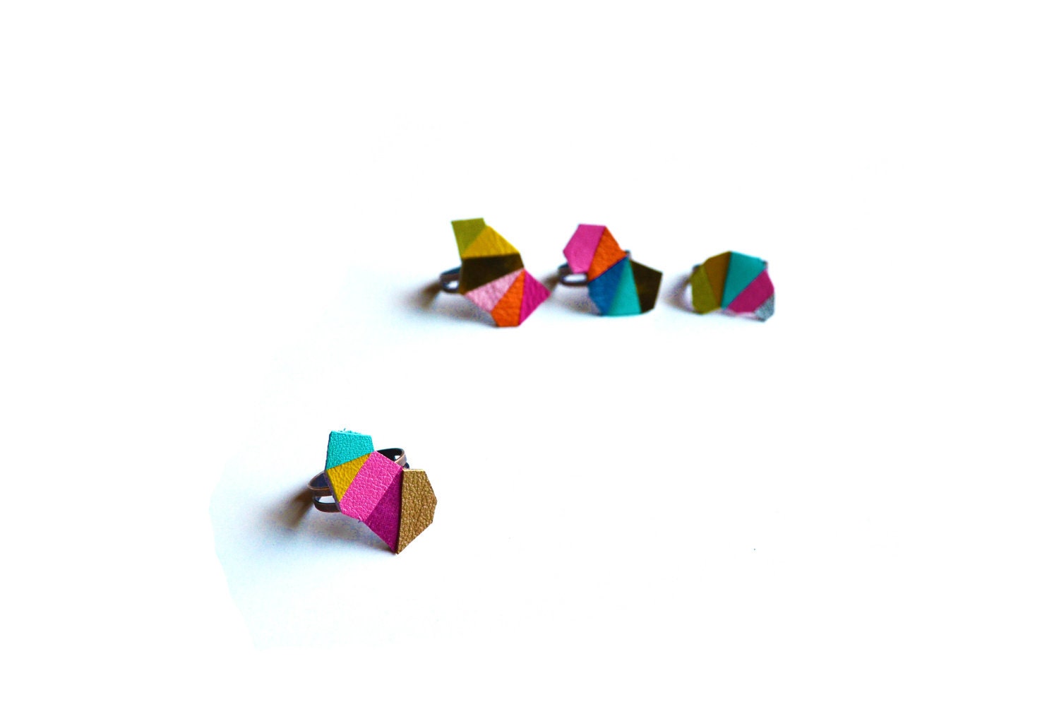 Geometric Adjustable Ring Leather Triangle Kaleidoscope Faceted Jewelry