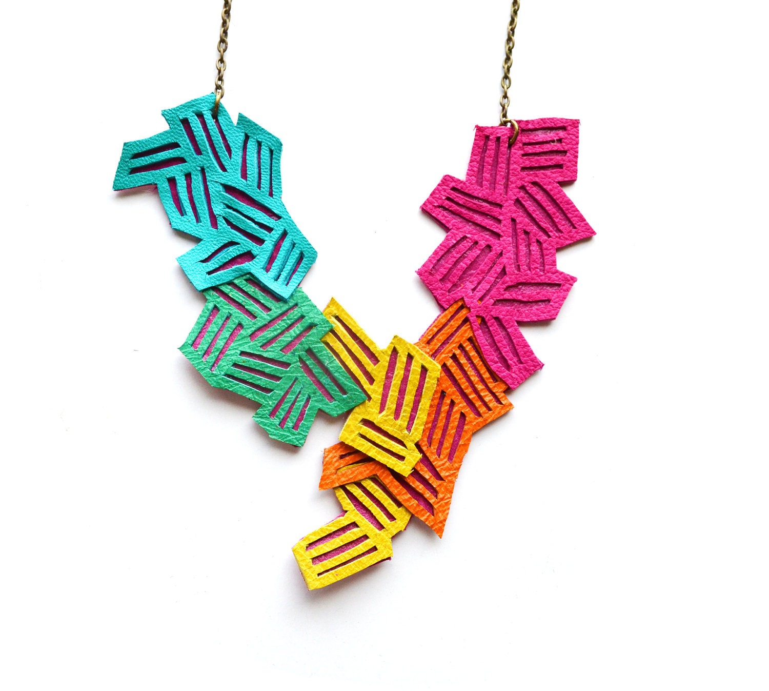 Neon Geometric Necklace Leather Color Block Stripes