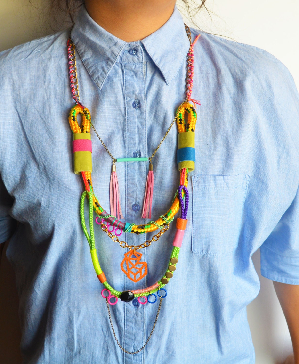 Neon Rope Necklace Tribal Triangle and Leather Wrap