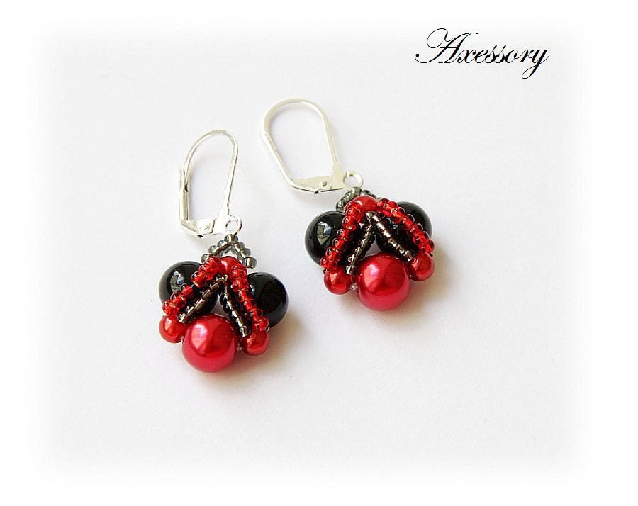 Bridal Earrings For Black And Red Wedding, With Pearl And Seed Beads, Also Perfect For Bridesmaids