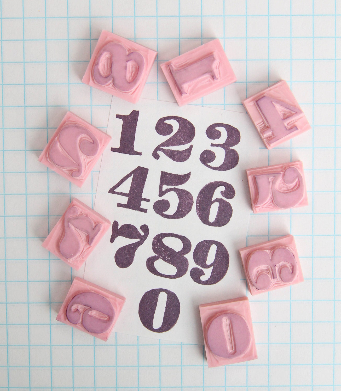 Number Set Hand Carved Rubber Stamp Unmounted