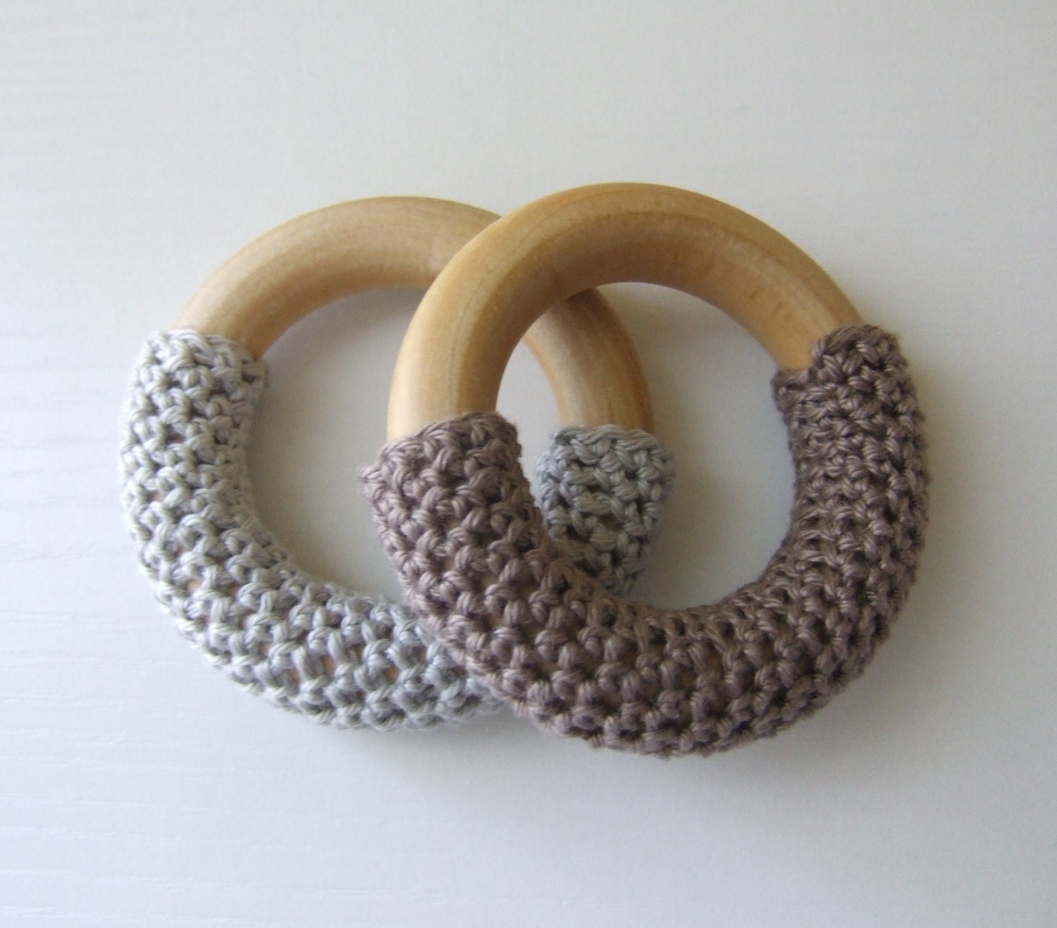 Grey & Brown Hand Crocheted Wooden Teething Rings (Set of Two with Organic Carry Bags) - mimiandlu