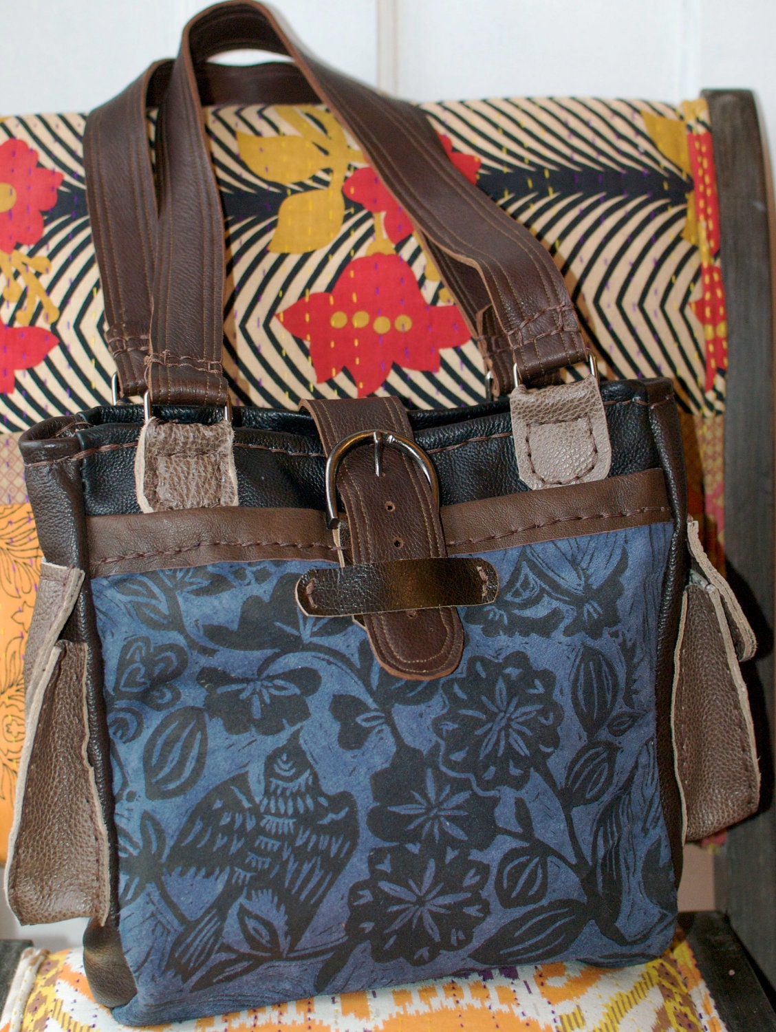 Leather Travel Tote in Deep Blue and Espresso