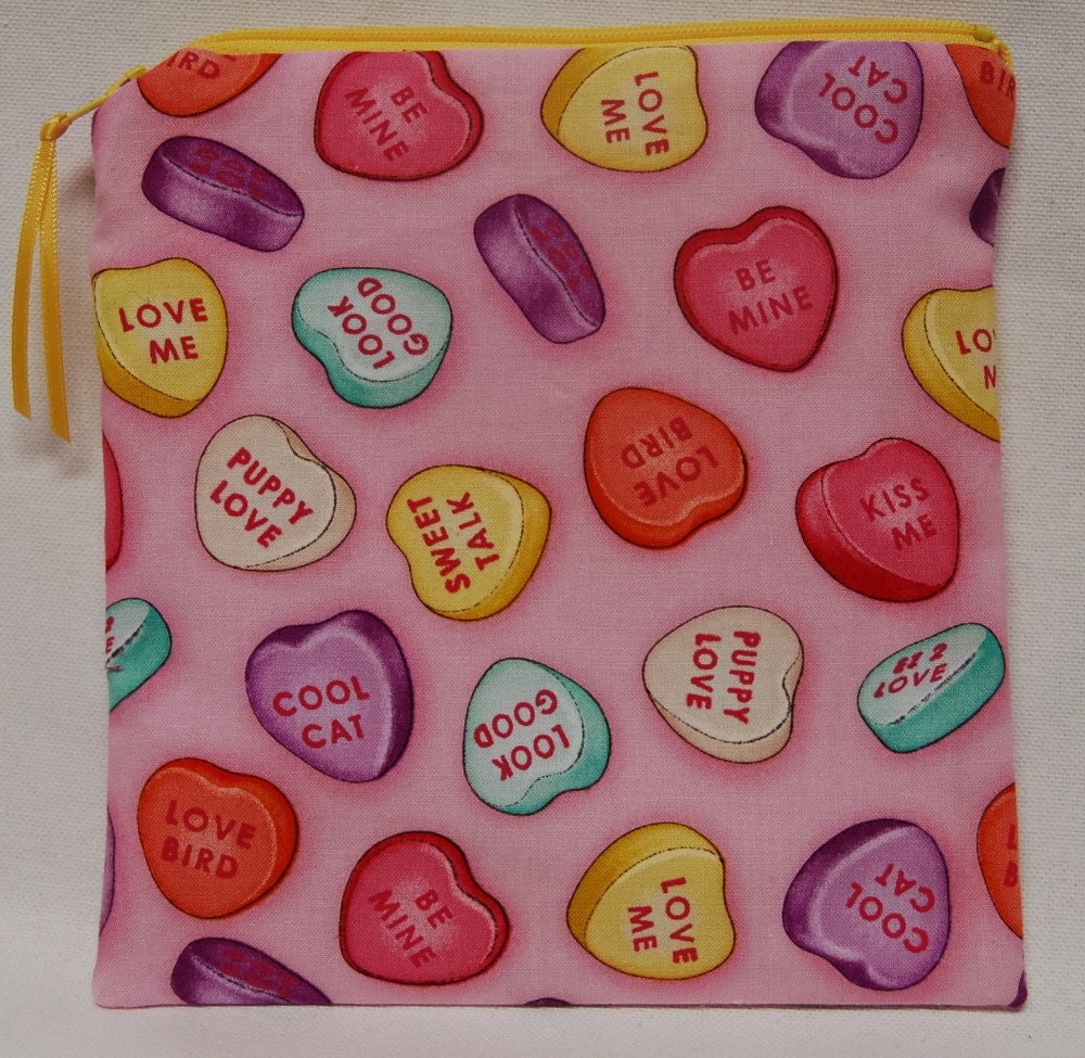CLEARANCE - Reusable Sandwich  Bag - Candy Hearts on Pink