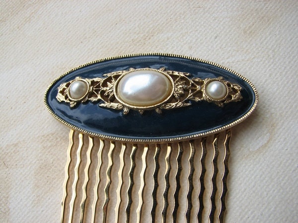Vintage Wedding Hair Comb Blue Enameled Faux Pearl
