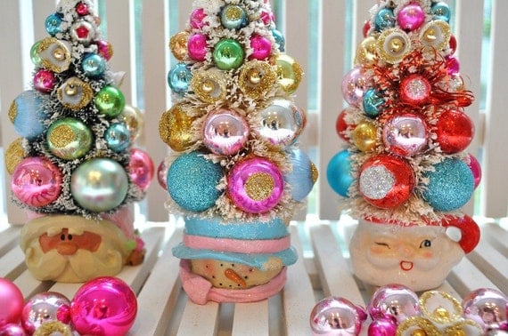 Bottle Brush Tree Snowman Pink & Aqua Christmas Dream Sweet Sugared Bells glass ornaments garland Chic bottlebrush