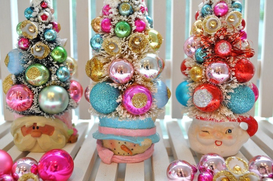 Bottle Brush Tree Snowman Pink & Aqua Christmas Dream Sweet Sugared Bells glass ornaments garland Chic bottlebrush