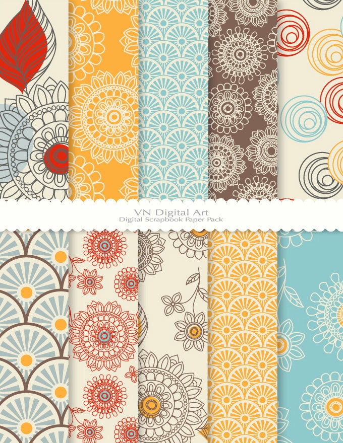 Digital Scrapbook Paper Pack (8.5x11"-300 dpi) -- Instant Download -- 10 Digital papers -- Doodle Flower 356