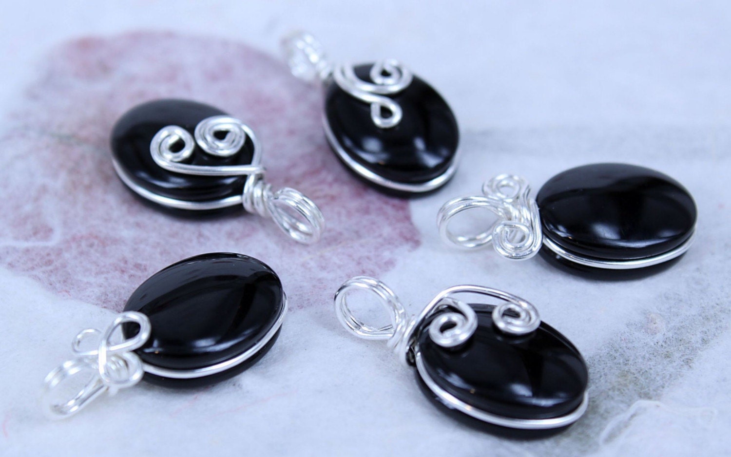 Lot of 5pcs - Black Onyx Charm Pendants - Wire Wrapped in Sterling Silver