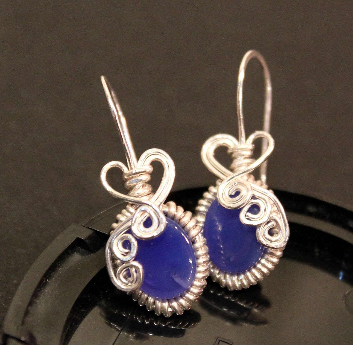 Blue Agate . Silver Swirl Heart . Earrings