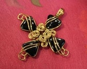 Black Onyx ... Brass Wire Cross Pendant