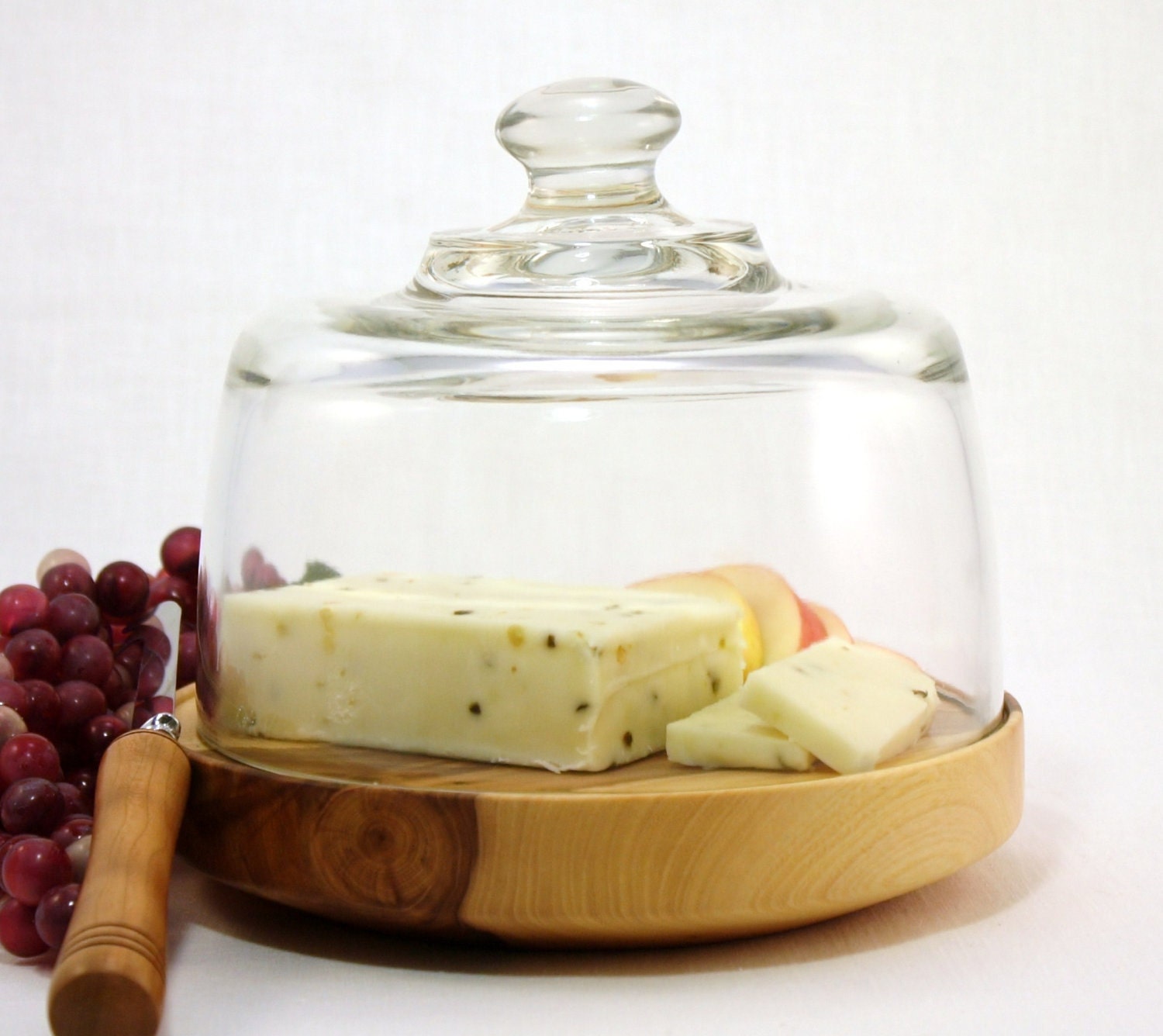 Wooden Elm Cheese Board Dessert Plate with Dome and knife