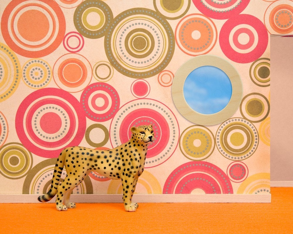 Cheetah art, bright colors, circles, orange, mid century modern - Quick Thinking 8 x 10