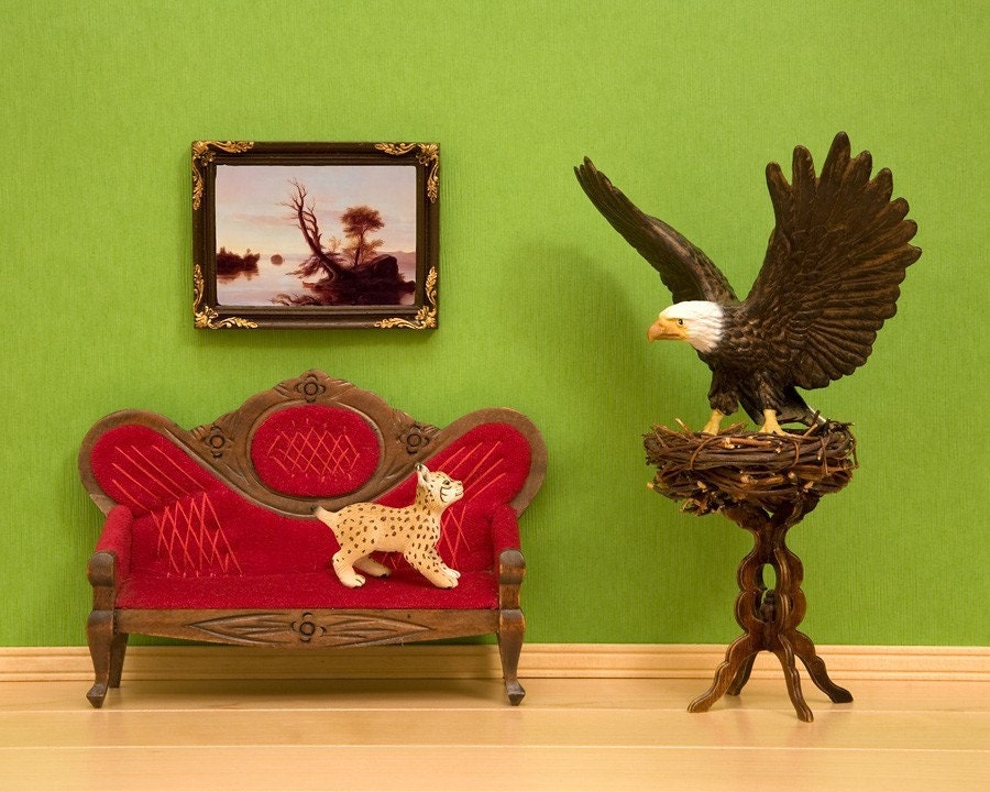 bald eagle art, red and green, vintage americana - Nesting 8 x 10